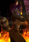  2018 anthro blue_eyes breasts clothed clothing digital_media_(artwork) ei-ka eyelashes female fire hair mammal procyonid purple_hair raccoon solo 