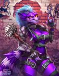  2018 amber_eyes anthro blood blue_hair breasts clothed clothing digital_media_(artwork) eyelashes female fur hair holding_object holding_weapon mammal procyonid purple_fur purple_nose raccoon smile solo sorafoxyteils teeth weapon 