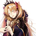  :d ^_^ bangs black_cape black_dress blonde_hair blush bow cape closed_eyes dress earrings ereshkigal_(fate/grand_order) eyebrows_visible_through_hair fate/grand_order fate_(series) fur-trimmed_cape fur_trim hair_between_eyes hair_bow head_tilt hirai_yuzuki infinity jewelry long_hair open_mouth out_of_frame red_bow simple_background skull smile solo_focus spine tiara two_side_up very_long_hair white_background 