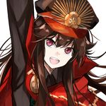  :d arm_up bangs black_hair black_hat black_jacket cape eyebrows_visible_through_hair family_crest fate/grand_order fate_(series) hair_between_eyes hat hirai_yuzuki jacket koha-ace looking_at_viewer military_hat oda_nobunaga_(fate) oda_uri open_mouth peaked_cap purple_eyes red_cape sidelocks simple_background smile solo v-shaped_eyebrows white_background 