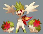  commentary eye_contact eyelashes frown full_body fushigi_no_dungeon gen_4_pokemon glitchedpuppet green_eyes grey_background highres legendary_pokemon looking_at_another looking_up no_humans pokemon pokemon_(creature) pokemon_(game) pokemon_fushigi_no_dungeon red_eyes shaymin simple_background standing v-shaped_eyebrows 