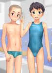  1girl absurdres androgynous aqua_swimsuit bald_spot black_hair blue_eyes bulge collarbone commentary_request competition_swimsuit cowboy_shot highres looking_at_viewer male_swimwear navel one-piece_swimsuit open_mouth original short_hair speedo_(company) standing swim_briefs swimsuit swimwear takafumi v 