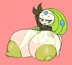  areola big_breasts blue_eyes blush breasts clothed clothing elfdrago female forehead_gem green_hair hair hand_behind_head hi_res huge_breasts humanoid hyper hyper_breasts legendary_pok&eacute;mon looking_at_viewer meloetta meloetta_(aria_form) mostly_nude navel nintendo nipples not_furry open_mouth open_smile pink_background pok&eacute;mon pok&eacute;mon_(species) pok&eacute;morph pseudo_clothing pussy short_stack simple_background sitting smile solo translucent translucent_body video_games white_skin 