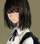  bag bangs black_eyes black_hair brown_background closed_mouth commentary_request from_side lips looking_at_viewer monsieur original school_uniform shirt shoulder_bag simple_background solo upper_body 