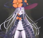  abigail_williams_(fate/grand_order) bangs black_bow black_hat black_panties bow eyebrows_visible_through_hair fate/grand_order fate_(series) glowing groin hat hat_bow highres holding holding_key jagooz key long_hair looking_at_viewer navel orange_bow oversized_object pale_skin panties parted_bangs parted_lips polka_dot polka_dot_bow purple_eyes revealing_clothes solo topless underwear v-shaped_eyebrows very_long_hair white_hair witch_hat 