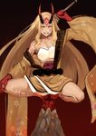  1girl blonde_hair fate/grand_order fate_(series) feet ibaraki_douji_(fate/grand_order) japanese_clothes kimono legs long_hair looking_at_viewer off_shoulder oni rock smile sword tattoo weapon yellow_eyes 