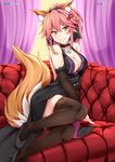  animal_ears backless_dress backless_outfit bangs bare_shoulders black_dress black_footwear black_legwear black_ribbon blush breasts brown_eyes chrisandita cleavage closed_mouth collaboration collarbone commentary_request couch curtains detached_sleeves dress eyebrows_visible_through_hair fate/extra fate_(series) fox_ears fox_tail hair_between_eyes hair_ribbon high_heels high_ponytail highres loli_hooker long_hair long_sleeves medium_breasts pink_hair ponytail ribbon shoes smile solo tail tamamo_(fate)_(all) tamamo_no_mae_(fate) thighhighs 