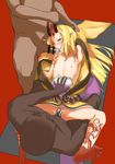  1girl 2boys armpits blonde_hair censored cum cum_in_mouth cum_in_pussy fate/grand_order fate_(series) feet fellatio flat_chest horns ibaraki_douji_(fate/grand_order) japanese_clothes kimono long_hair multiple_boys nipples on_back oni open_clothes pointy_ears red_background sex simple_background tattoo toenails toes vaginal 