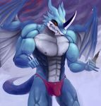 abs anthro athletic biceps big_(artist) big_muscles black_nipples blue_skin building bulge claws clenched_teeth clothed clothing cloud cloudscape destruction digimon exveemon fangs grey_skin horn macro macro_bulge male markings membranous_wings muscular muscular_male navel nipples outside overcast pecs pose red_eyes reptile scales scalie sky solo speedo standing swimsuit teeth wings xbuimonsama 