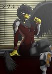  2018 absurd_res amy_(flash_draw) anthro armor avian breasts clothed clothing digital_media_(artwork) feathers female flash_draw garter_straps gryphon hair half-closed_eyes hi_res inside looking_at_viewer mature_female red_eyes short_hair smile solo 