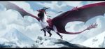  2018 black_bars black_fur curved_horn day dezilon digital_media_(artwork) dragon feral fur horn membranous_wings outside red_scales scales solo standing wings 