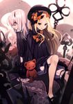  abigail_williams_(fate/grand_order) anzi arm_support back-to-back bad_id bad_pixiv_id bangs black_bow black_dress black_footwear black_hat blonde_hair bloomers bow bug butterfly commentary_request dress fate/grand_order fate_(series) grin hair_bow hat highres horn insect key lavinia_whateley_(fate/grand_order) long_hair long_sleeves looking_at_viewer looking_back mary_janes multiple_girls orange_bow oversized_object parted_bangs parted_lips pink_eyes polka_dot polka_dot_bow shaded_face shoes silver_hair sleeves_past_fingers sleeves_past_wrists smile stuffed_animal stuffed_toy suction_cups teddy_bear tentacles underwear very_long_hair white_bloomers 