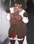  balls bear bebebebebe blush clothed clothing cum erection exposed male mammal nipples partially_clothed pawpads paws penis pleasured_expression public public_transportation slightly_chubby solo standing underwear 