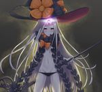  abigail_williams_(fate/grand_order) bangs black_bow black_hat black_panties bow commentary_request eyebrows_visible_through_hair fate/grand_order fate_(series) glowing groin hat hat_bow highres holding holding_key jagooz key long_hair looking_at_viewer navel orange_bow oversized_object pale_skin panties parted_bangs parted_lips polka_dot polka_dot_bow purple_eyes revealing_clothes solo topless underwear v-shaped_eyebrows very_long_hair white_hair witch_hat 