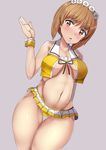  blush breasts brown_eyes brown_hair coco's girls_und_panzer grey_background groin hat highres large_breasts looking_at_viewer midriff navel nishizumi_miho short_hair sikijou77o simple_background skirt solo underboob 