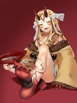  claws fang fate/grand_order fate_(series) feet horns ibaraki_douji_(fate/grand_order) japanese_clothes kimono legs oni open_mouth pointy_ears red_background sake simple_background soles tattoo toenails toes 