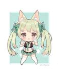 animal_ear_fluff animal_ears art556_(girls_frontline) bangs blush boots bow brown_hair chestnut_mouth chibi commentary_request eyebrows_visible_through_hair fang foreign_blue full_body girls_frontline gloves green_bow green_hair green_skirt hair_bow highres korean_commentary long_hair looking_at_viewer miniskirt navel open_mouth plaid plaid_skirt pleated_skirt sidelocks skirt solo standing thigh_boots thighhighs twintails very_long_hair watermark web_address white_footwear white_gloves white_legwear 