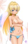  abs arm_under_breasts ban_yang bangs bikini bikini_top_removed blonde_hair blue_bikini blue_eyes blush breast_hold breasts commentary_request highres holding_clothes large_breasts long_hair looking_at_viewer navel nipples puffy_nipples purple_eyes regalia_the_three_sacred_stars side-tie_bikini sidelocks signature smile solo standing swimsuit tan tanline yuinshiel_asteria 