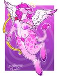  anthro bow_(weapon) breasts feathered_wings feathers female fur giraffe hair halo heart_markings holding_object lotusaur mammal nipples nude pink_fur ranged_weapon smile thick_thighs voluptuous weapon wings 