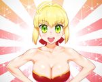  :d ahoge bare_shoulders blonde_hair breasts cleavage collarbone eyelashes fate/extra fate_(series) green_eyes hair_intakes hair_ribbon large_breasts looking_at_viewer nero_claudius_(fate) nero_claudius_(fate)_(all) open_mouth ribbon short_hair smile solo sparkle sunburst ueyama_michirou upper_body 
