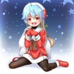  alternate_costume blonde_hair blue_hair boots brown_eyes brown_legwear coat dress gloves gradient_hair green_neckwear hat highres imachireki kantai_collection multicolored_hair open_mouth pantyhose red_coat red_dress red_eyes red_mittens sack sado_(kantai_collection) santa_costume santa_hat short_hair sitting smile solo white_gloves 