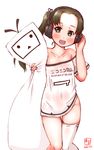  alternate_costume artist_logo ayanami_(azur_lane) ayanami_(azur_lane)_(cosplay) ayanami_(kantai_collection) azur_lane brown_hair commentary_request cosplay cowboy_shot dakimakura_(object) dated forehead green_eyes headphones highres kanon_(kurogane_knights) kantai_collection long_hair looking_at_viewer namesake niconico off_shoulder open_mouth pillow shirt side_ponytail simple_background single_thighhigh smile solo terebi-chan thigh_gap thighhighs white_background white_legwear white_shirt 