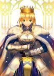  ahoge armor armored_dress artoria_pendragon_(all) blonde_hair blue_dress crown dress eyebrows_visible_through_hair fate/stay_night fate_(series) gauntlets green_eyes hair_between_eyes holding holding_sword holding_weapon saber sidelocks solo standing sword tied_hair weapon weed_(astarone) 