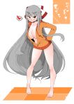  absurdres alternate_breast_size alternate_costume bangs bare_legs barefoot bow breasts cleavage closed_mouth collarbone drawstring eyebrows_visible_through_hair fujiwara_no_mokou full_body grey_hair hair_bow hands_in_pockets highres hood hoodie large_breasts leaning_forward long_hair long_sleeves looking_at_viewer no_bra no_pants open_clothes open_hoodie orange_hoodie partially_unzipped red_eyes smile solo standing stomach takeu thick_eyebrows toes touhou very_long_hair zipper_pull_tab 