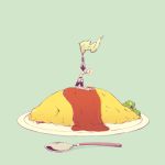  armor broccoli chisuke flag food green_background hands holding holding_flag in_food ketchup omelet omurice original plate shadow simple_background solo spoon white_flag wide_shot 
