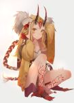  1girl blonde_hair fate/grand_order fate_(series) fixing_hair horns ibaraki_douji_(fate/grand_order) japanese_clothes kimono legs long_hair looking_at_viewer monster_girl oni simple_background sitting slit_pupils tattoo toenails white_background yellow_eyes 