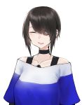  brown_hair casual choker closed_eyes cyborg eyepatch highres kasagarasu off_shoulder original short_hair_with_long_locks smile solo sumi_elias white_background 