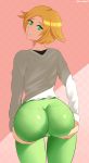  1girl ass bel_(pokemon) blonde_hair cameltoe eyebrows green_eyes hips huge_ass looking_back panties pants pantylines pokemon pokemon_bw shirt short_hair simple_background solo sowilo thick_thighs thighs underwear wide_hips 