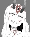  1girl fangs fate/grand_order fate_(series) grey_background horns ibaraki_douji_(fate/grand_order) looking_at_viewer monochrome monster_girl oni simple_background slit_pupils smile smirk tagme tattoo teeth 