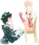  bald belt belt_pouch black_belt blush boku_no_hero_academia cape closed_eyes crossover ears freckles gloves gradient green_hair highres holding holding_pencil male_focus midoriya_izuku multiple_boys notebook one-punch_man open_mouth pencil pouch red_gloves rtil saitama_(one-punch_man) simple_background spiked_hair upper_body white_background white_gloves writing zipper zipper_pull_tab 