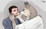  anthro beard blush canine clothing ear_piercing facial_hair human kissing male male/male mammal piercing saliva saliva_string sepulte wolf 