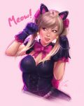  alternate_costume animal_ears artist_name black_cat_d.va black_dress black_gloves blonde_hair bow bowtie breasts brown_eyes cat_ears cleavage corset d.va_(overwatch) dress earrings gloves heart heart_earrings jewelry licking_lips lolita_fashion looking_away looking_to_the_side medium_breasts nose overwatch parted_lips paw_pose pink_background pink_bow pink_lips puffy_short_sleeves puffy_sleeves short_sleeves sideways_glance signature simple_background sketch solo tongue tongue_out twintails umigraphics upper_body upper_teeth 