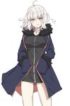  ahoge bangs black_dress blue_coat blush closed_mouth coat collarbone dress eyebrows_visible_through_hair fate/apocrypha fate/grand_order fate_(series) fur-trimmed_coat fur-trimmed_sleeves fur_trim hair_between_eyes hands_in_pockets jeanne_d'arc_(alter)_(fate) jeanne_d'arc_(fate)_(all) jewelry looking_at_viewer michihasu open_clothes open_coat pendant short_dress silver_hair simple_background smile solo white_background wicked_dragon_witch_ver._shinjuku_1999 yellow_eyes 