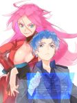  1girl aoten_(aoiroarekore) arm_on_shoulder blue_eyes blue_hair breasts cleavage coat fate/extra fate_(series) francis_drake_(fate) holographic_monitor large_breasts long_hair matou_shinji pink_hair pirate red_coat ribbon_bangs scar simple_background white_background 