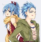  1girl :q armband blue_eyes blue_hair braid brother_and_sister camus_(dq11) dragon_quest dragon_quest_xi earrings hair_ribbon high_braid jewelry long_hair lowres maya_(dq11) naho_(pi988y) necklace red_vest ribbon scarf siblings single_braid tongue tongue_out vest 