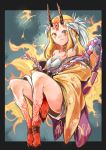  1girl blonde_hair claws fate/grand_order fate_(series) fire flame flower_pattern horns ibaraki_douji_(fate/grand_order) japanese_clothes kimono legs looking_at_viewer monster_girl oni tattoo thighs toenails yellow_eyes 