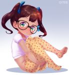  1girl artist_name born-to-die bow cherry_print chestnut_mouth child collarbone female full_body glasses gradient gradient_background hair_bow heart heart_in_eye knees_up looking_at_viewer looking_to_the_side shiny shiny_skin shirt shirt_lift short_sleeves sitting solo twintails watermark web_address 