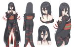  bare_shoulders black_hair black_kimono choker full_body hair_between_eyes japanese_clothes kimono long_hair multiple_views original reinama simple_background sleeves_past_wrists very_long_hair white_background 