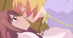  2girls animated animated_gif blonde_hair canon couple hair_ornament kiss looking_at_another multiple_girls official pigtails pink_hair sakura_trick sonoda_yuu takayama_haruka tongue yuri 