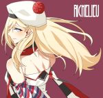  asakawa_(outeq) beret blonde_hair blue_eyes blush commentary_request dress hat kantai_collection long_hair looking_at_viewer looking_back mole mole_under_eye mole_under_mouth parted_lips pom_pom_(clothes) richelieu_(kantai_collection) simple_background solo strapless upper_body 