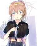  belt black_shirt blue_eyes breasts brown_hair chromatic_aberration commentary hand_on_own_chest intrepid_(kantai_collection) kagura_miyabi kantai_collection large_breasts looking_at_viewer open_mouth ponytail shirt short_hair solo upper_body 