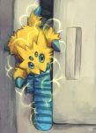  blue_footwear commentary electricity full_body gen_5_pokemon glitchedpuppet joltik looking_at_viewer mouth_hold no_humans pokemon pokemon_(creature) socks solo theft 