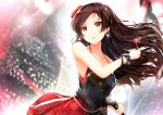  black_shirt bracelet brown_eyes brown_hair collarbone earrings floating_hair flower hair_flower hair_ornament holding holding_microphone idolmaster idolmaster_million_live! jewelry kitazawa_shiho long_hair microphone parted_lips red_flower red_skirt ro_risu shirt skirt sleeveless sleeveless_shirt solo stage very_long_hair 