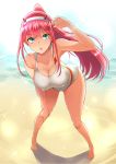  :p aqua_eyes ass barefoot beach blush breasts cleavage covered_nipples darling_in_the_franxx day hairband highres horns large_breasts long_hair nekoi_hikaru open_mouth pink_hair solo swimsuit teeth tongue tongue_out very_long_hair wet zero_two_(darling_in_the_franxx) 