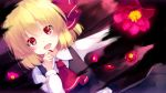  ascot black_skirt black_vest blonde_hair blood_on_fingers blush commentary darkness dutch_angle eyebrows_visible_through_hair fang finger_to_chin flower gengetsu_chihiro hair_ribbon highres long_sleeves looking_at_viewer open_mouth red_eyes red_flower red_neckwear red_ribbon ribbon rumia shirt short_hair skirt smile solo touhou vest white_shirt 