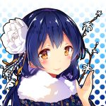  bangs blue_hair commentary_request engawa_(rarenago) eyebrows_visible_through_hair floral_print flower fur_trim hair_between_eyes hair_flower hair_ornament highres japanese_clothes kimono long_hair looking_at_viewer love_live! love_live!_school_idol_festival love_live!_school_idol_project polka_dot polka_dot_background portrait smile solo sonoda_umi yellow_eyes 